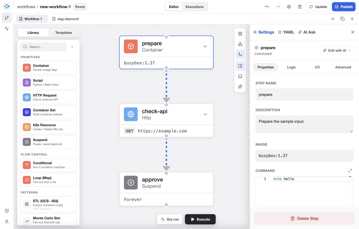 Tiphys component library, three connected workflow steps, and the container configuration inspector
